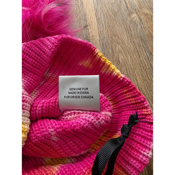 NWT Linda Richards Tie Dye Detachable Fox Fur Pom Pom Hats Pink Yellow main image 4